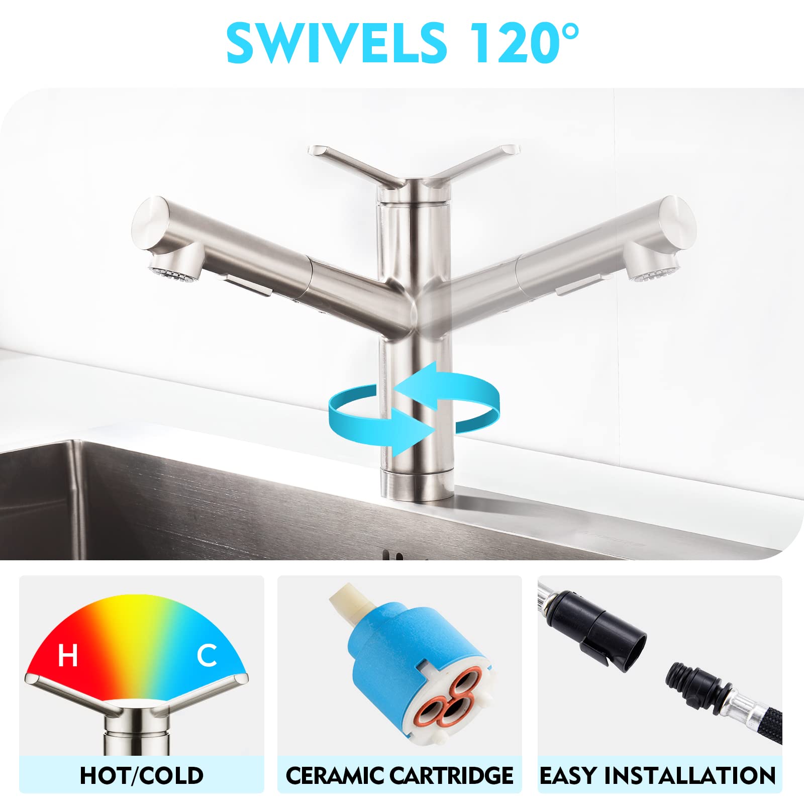 CREA kitchen faucet 120-degree swivel offers wide reach.