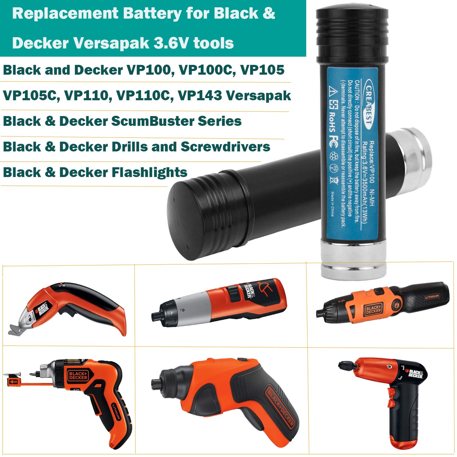 CREABEST 3.6V Ni-MH battery compatible with VP100/VP143 models.