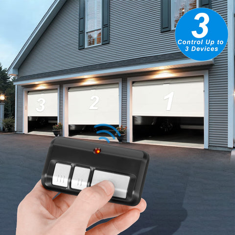 CreaCity three-device remote control highlights multi-garage setup for multiple doors.