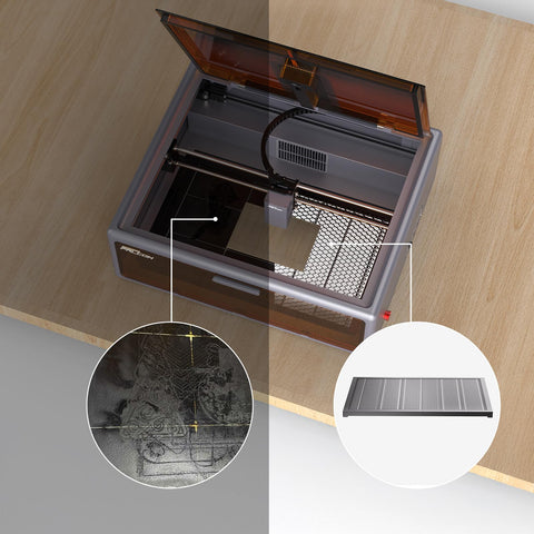 Creality honeycomb table metal frame provides stable platform for engraving tasks.