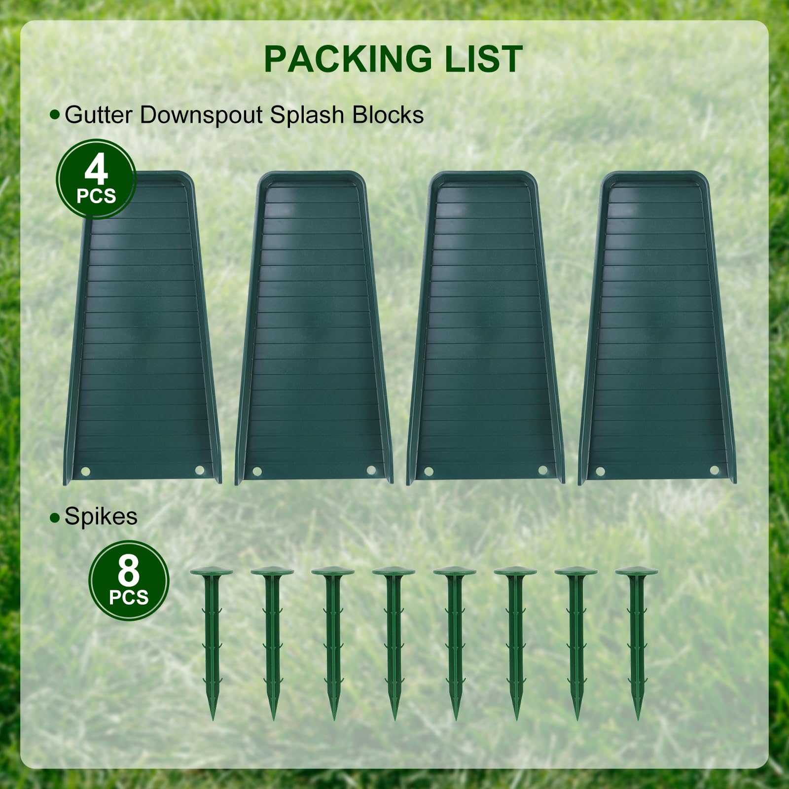 Creative.C green splash blocks protect lawn and concrete surfaces.