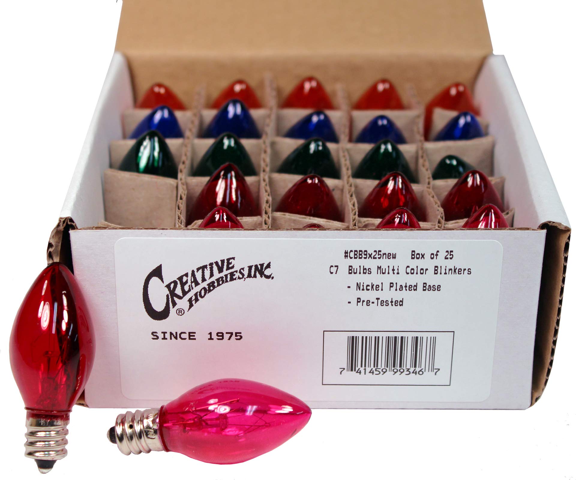Creative Hobbies box of 25 colored blinking bulbs for festive displays.
