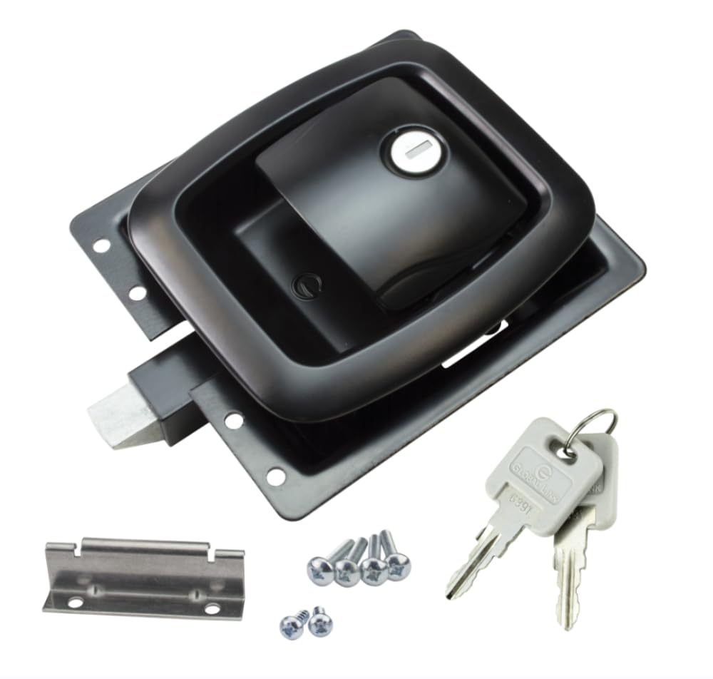 Creative Products Group Versa V latch front view highlights durable black powder coat for secure baggage enclosures.