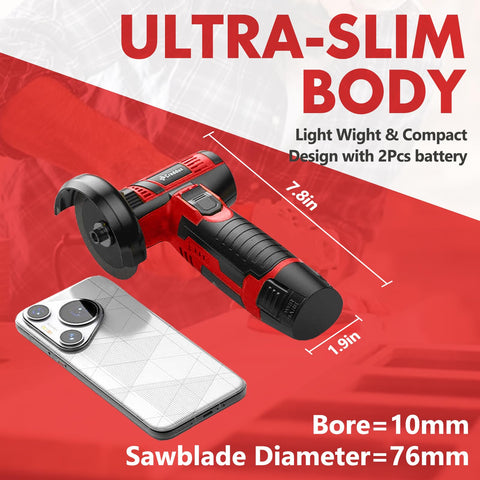 Creddux cordless angle grinder with 16.8V 2000mAh battery for longer, uninterrupted projects.