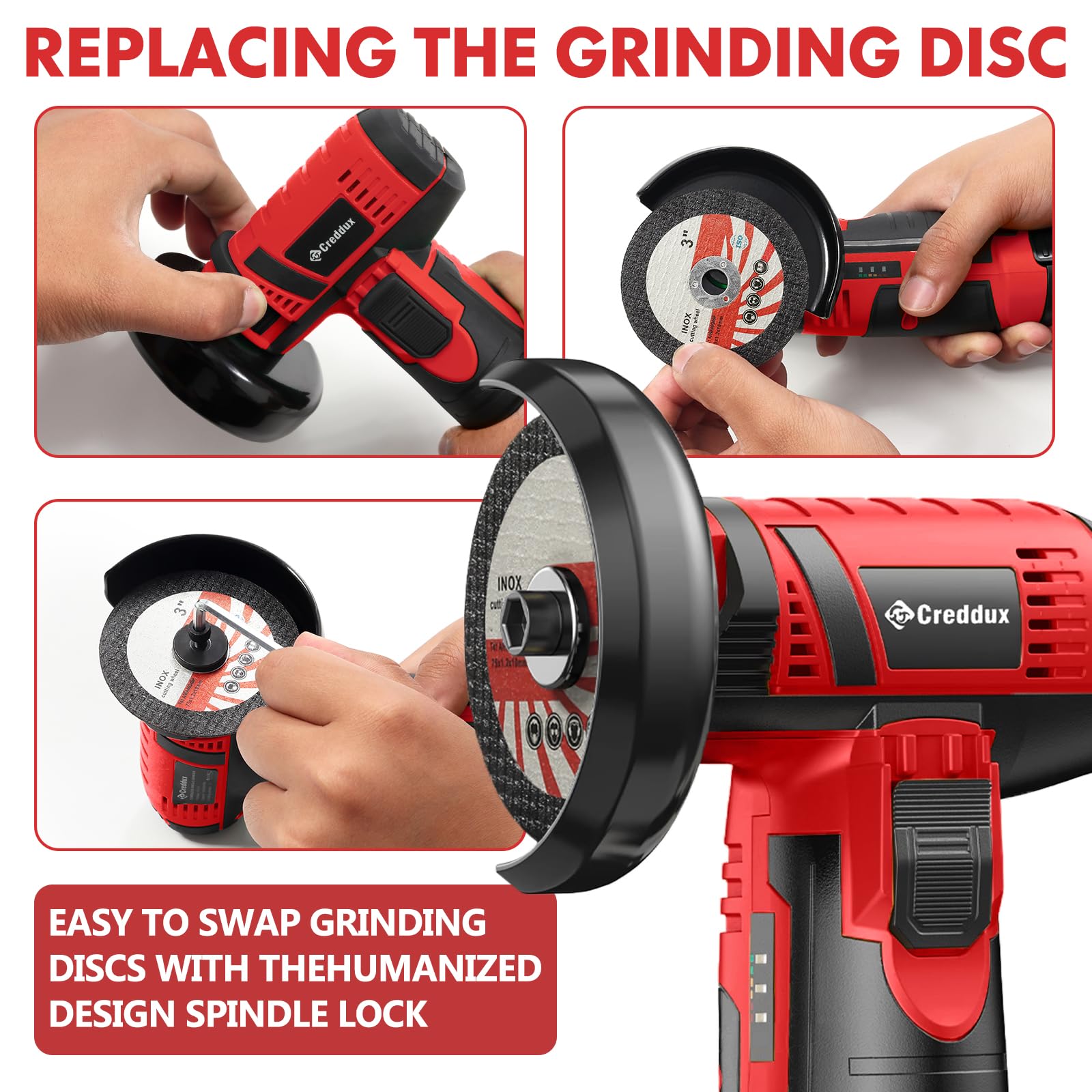 Creddux cordless angle grinder delivers 19500 RPM for fast metal cutting and grinding.