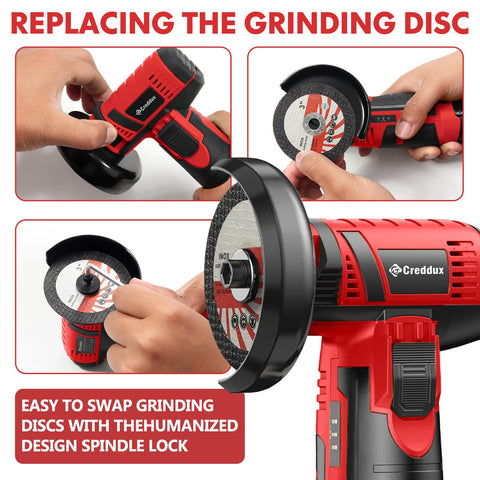 Creddux cordless angle grinder delivers 19500 RPM for fast metal cutting and grinding.