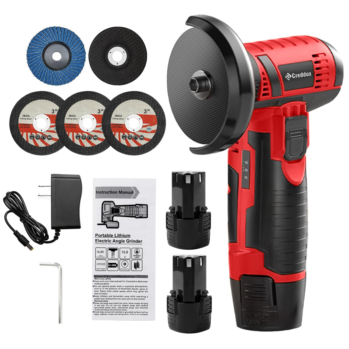 Creddux cordless angle grinder, 3-inch compact design for precise cuts in tight spaces.