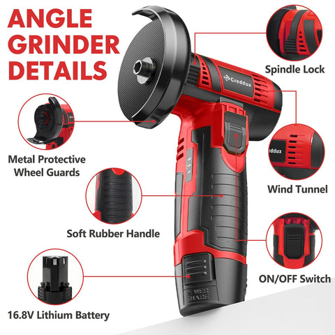 Creddux cordless angle grinder includes charger and two batteries for quick swaps.