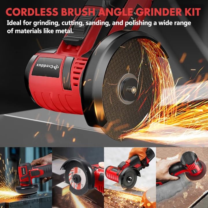 Creddux cordless angle grinder features ergonomic, lightweight handle to reduce fatigue.