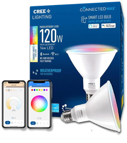 Cree Lighting Connected Max bulb outdoor flood at dusk for mood lighting