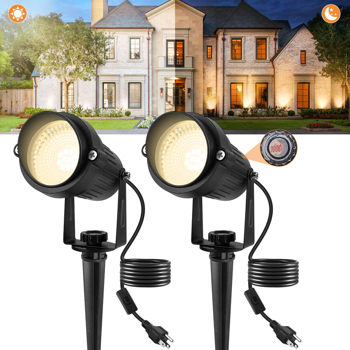 CREPOW Dusk-to-Dawn outdoor spotlight pair lights driveways and entryways automatically