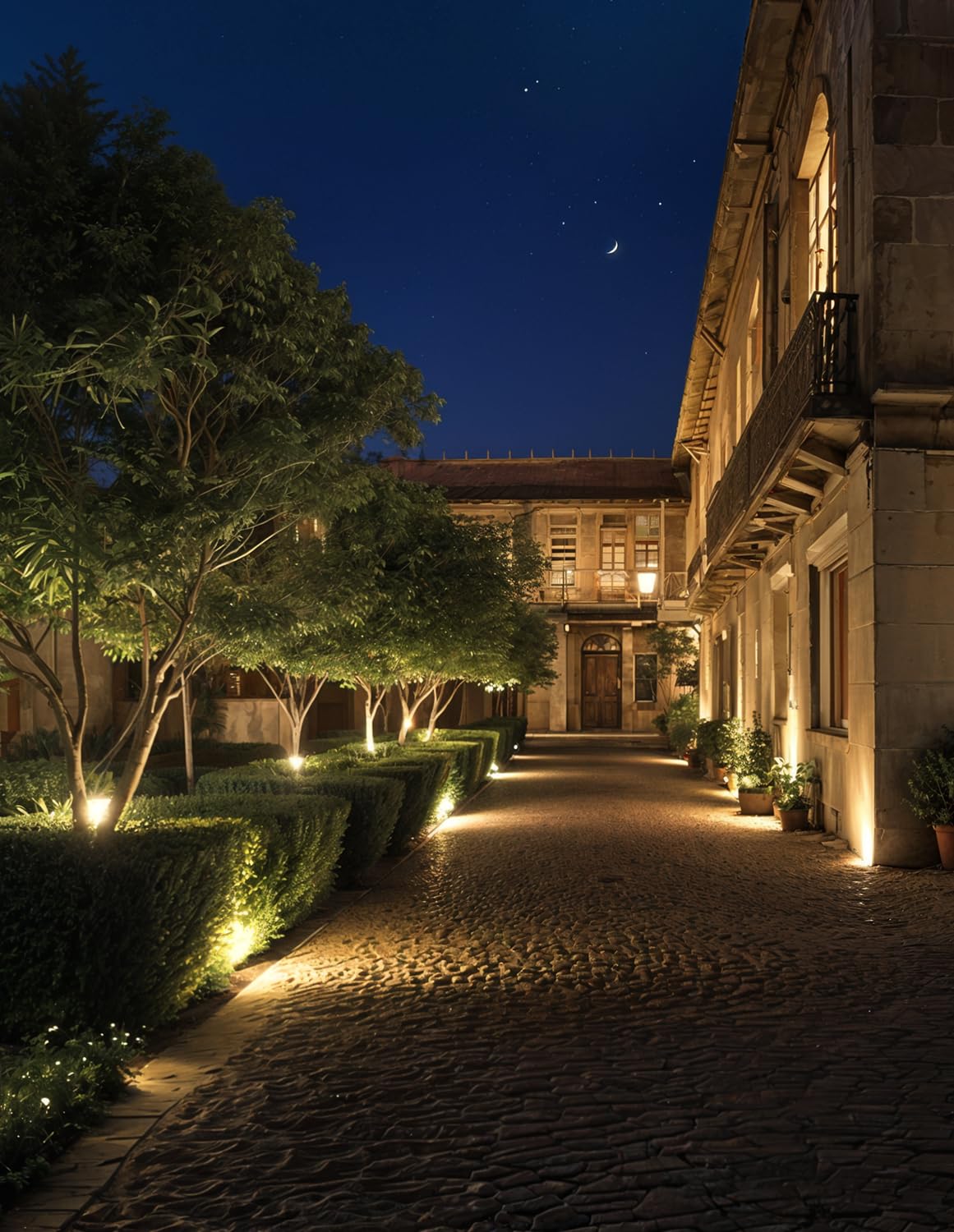 CREPOW night-flagpole-yard illumination highlights flags and garden features after dark