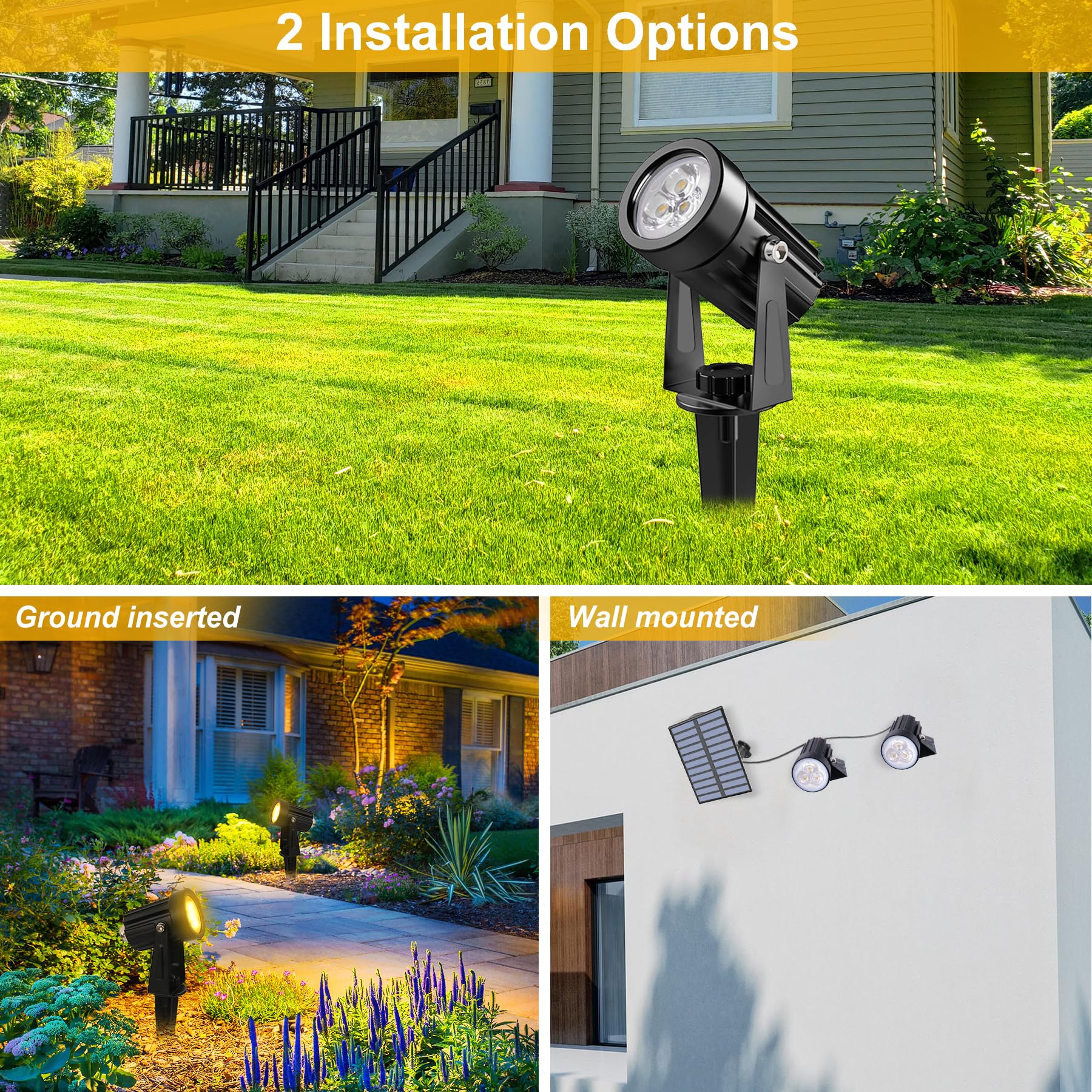 CREPOW four-pack outdoor spotlights to evenly light yard and driveway.