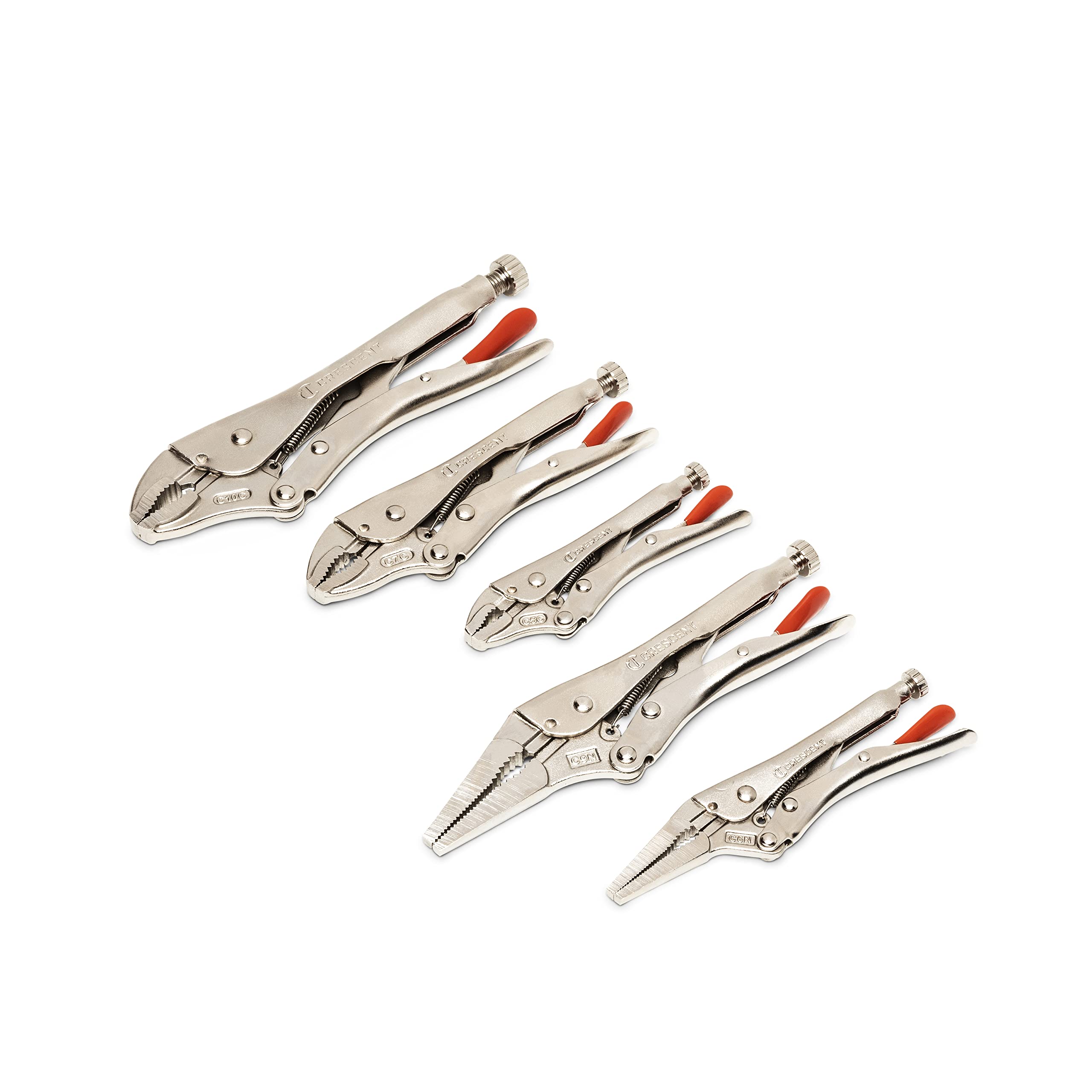 Crescent curved nose locking pliers head and body for durability in tight spaces