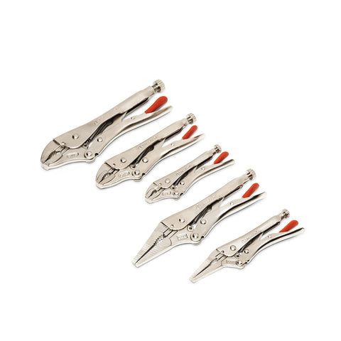 Crescent curved nose locking pliers head and body for durability in tight spaces