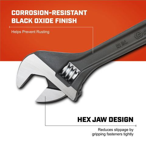 Crescent hex jaw design grips fasteners securely, reducing slips