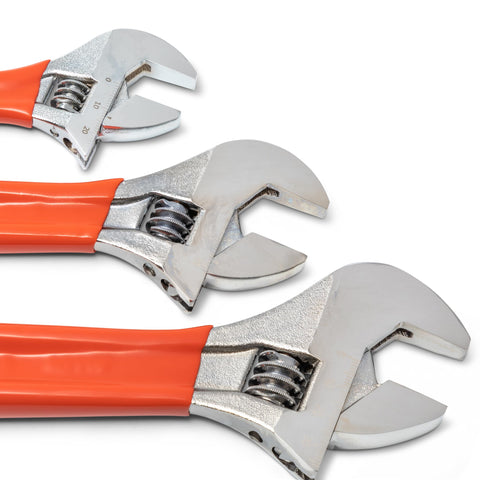 Crescent laser-etched scale on wrench helps identify SAE or metric sizes quickly.
