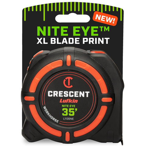 Crescent Lufkin 35 ft WorkHorse NITE EYE tape measure with high-contrast blade for dim work.