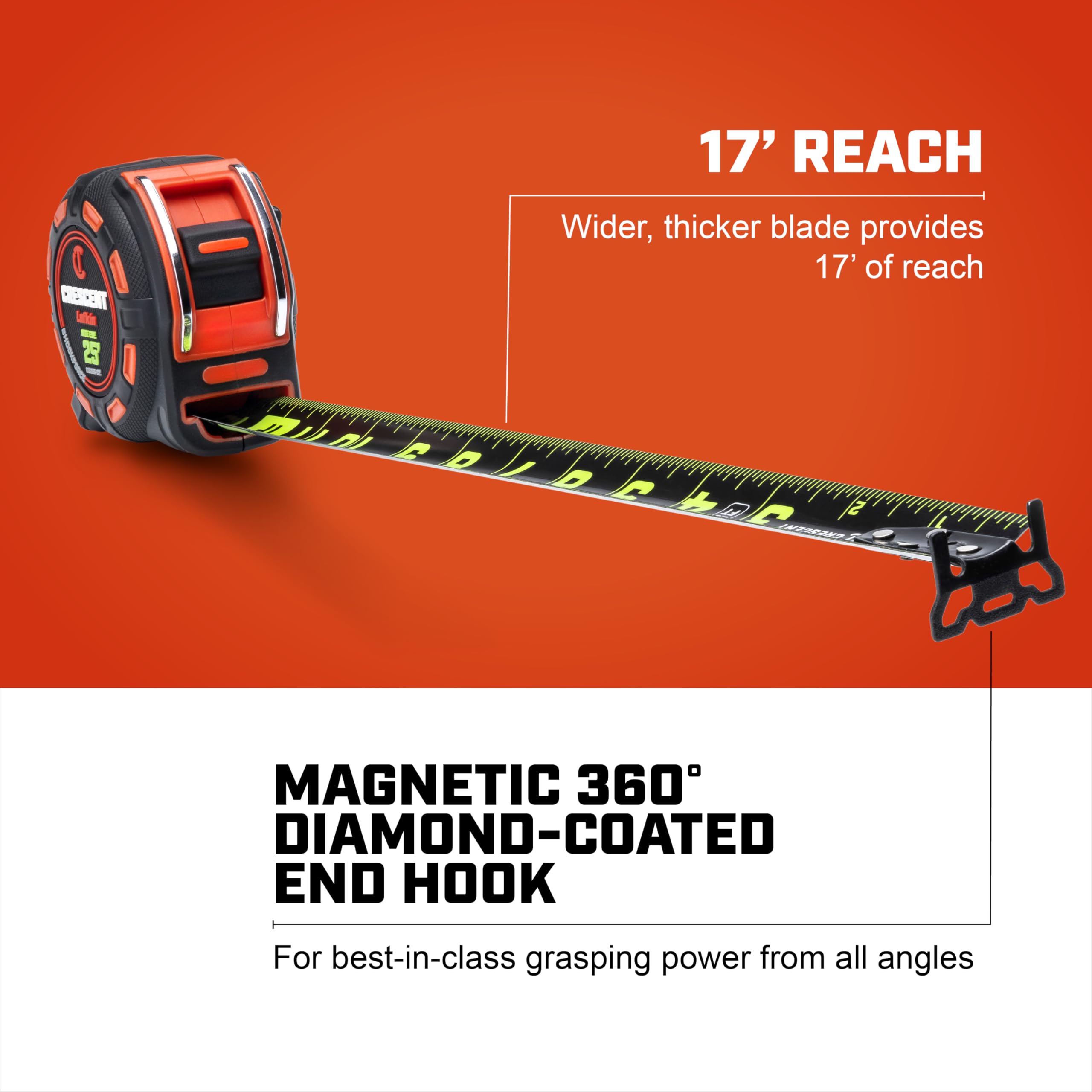 Crescent Lufkin SHOCKFORCE 360° diamond-coated magnetic end hook grips at any angle