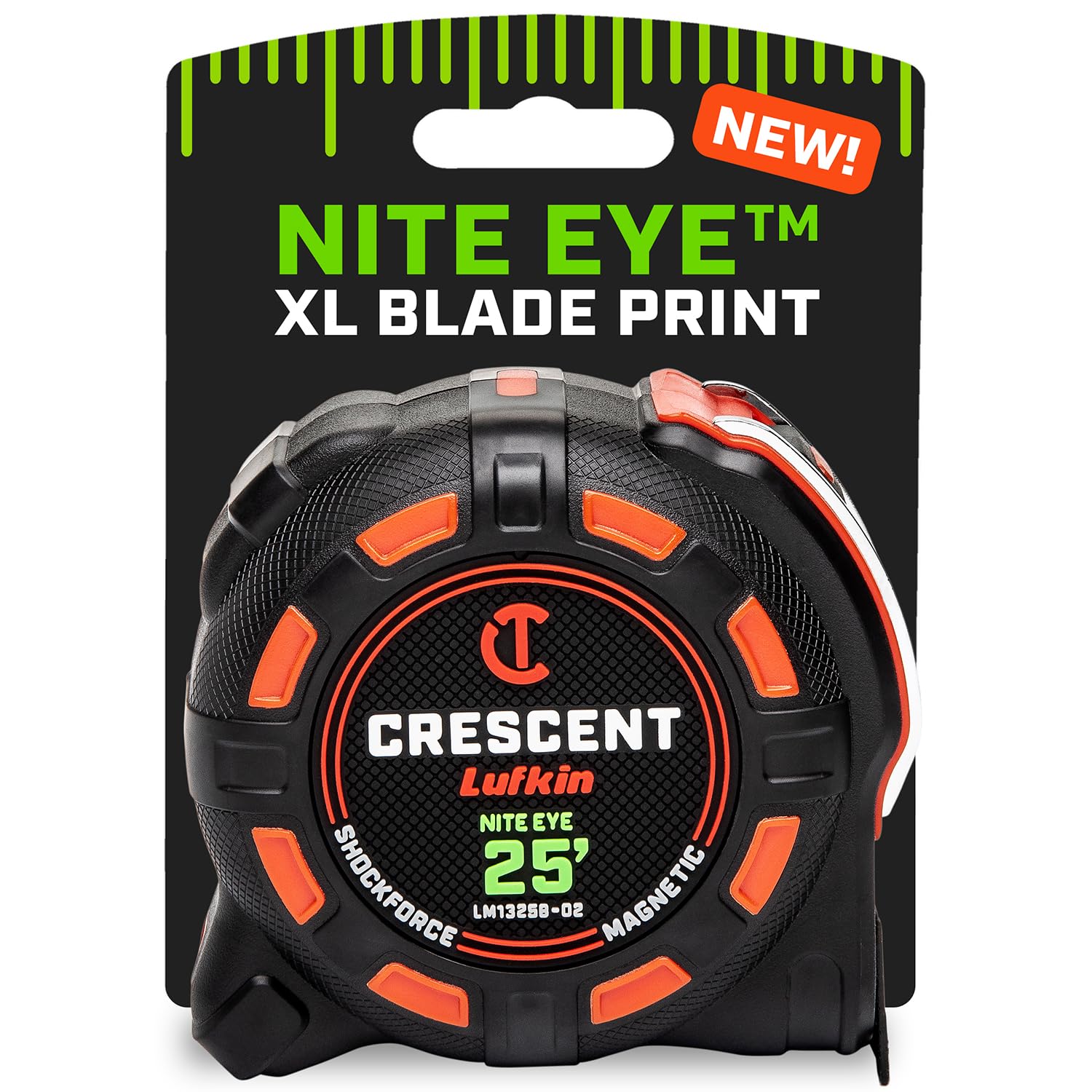 Crescent Lufkin SHOCKFORCE tape measure with NITE EYE blade offers quick visibility.