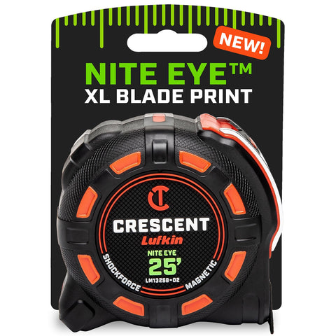 Crescent Lufkin SHOCKFORCE tape measure with NITE EYE blade offers quick visibility.