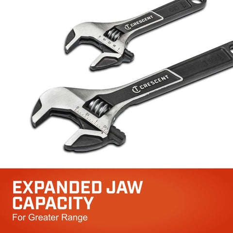 Crescenter wide jaw 10-inch wrench covers larger fasteners with leverage.