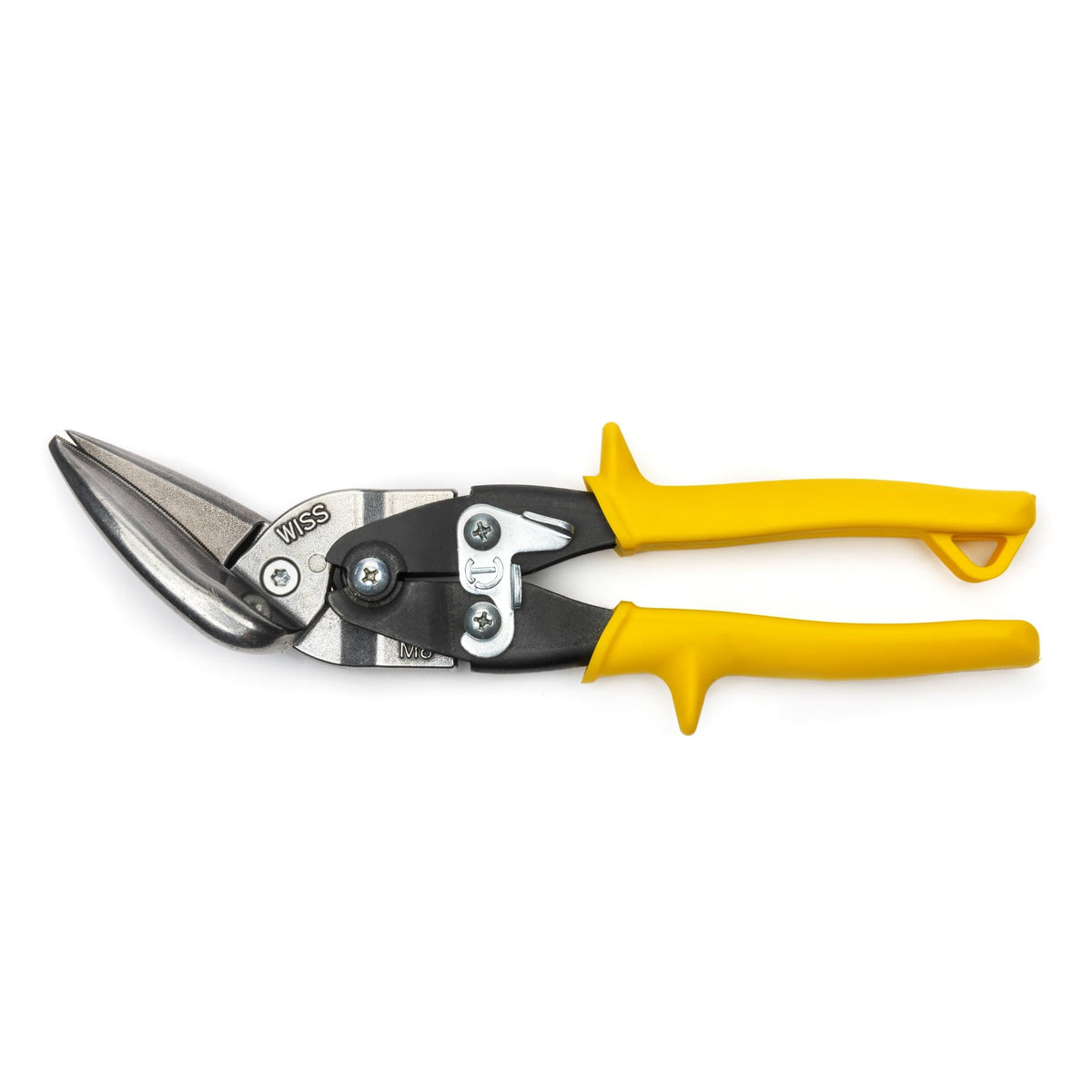 Crescent Wiss M8OS offset straight snips in action for precise metal cuts.