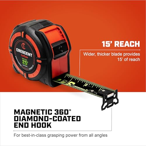 Crescent WORKHORSE 25ft NITE EYE end-hook highlighting a versatile measuring angle.