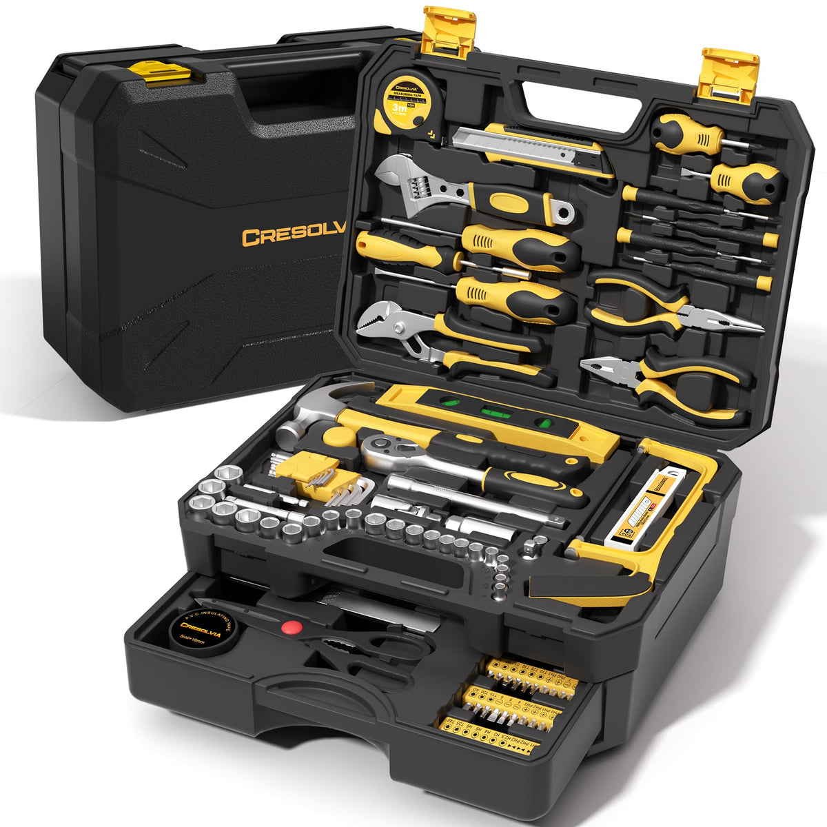 CRESOLVIA 328-piece tool set in a drawer storage showcases organized home repair tools.