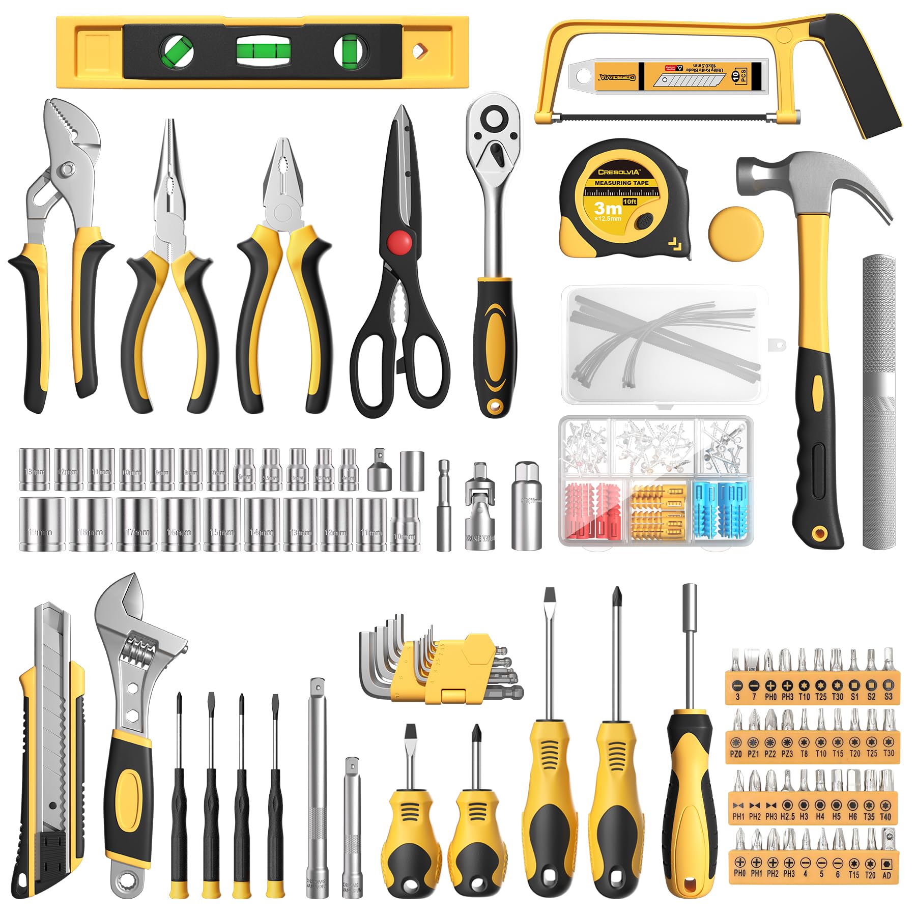 CRESOLVIA screwdrivers and pliers set up close for precise home repairs and adjustments.