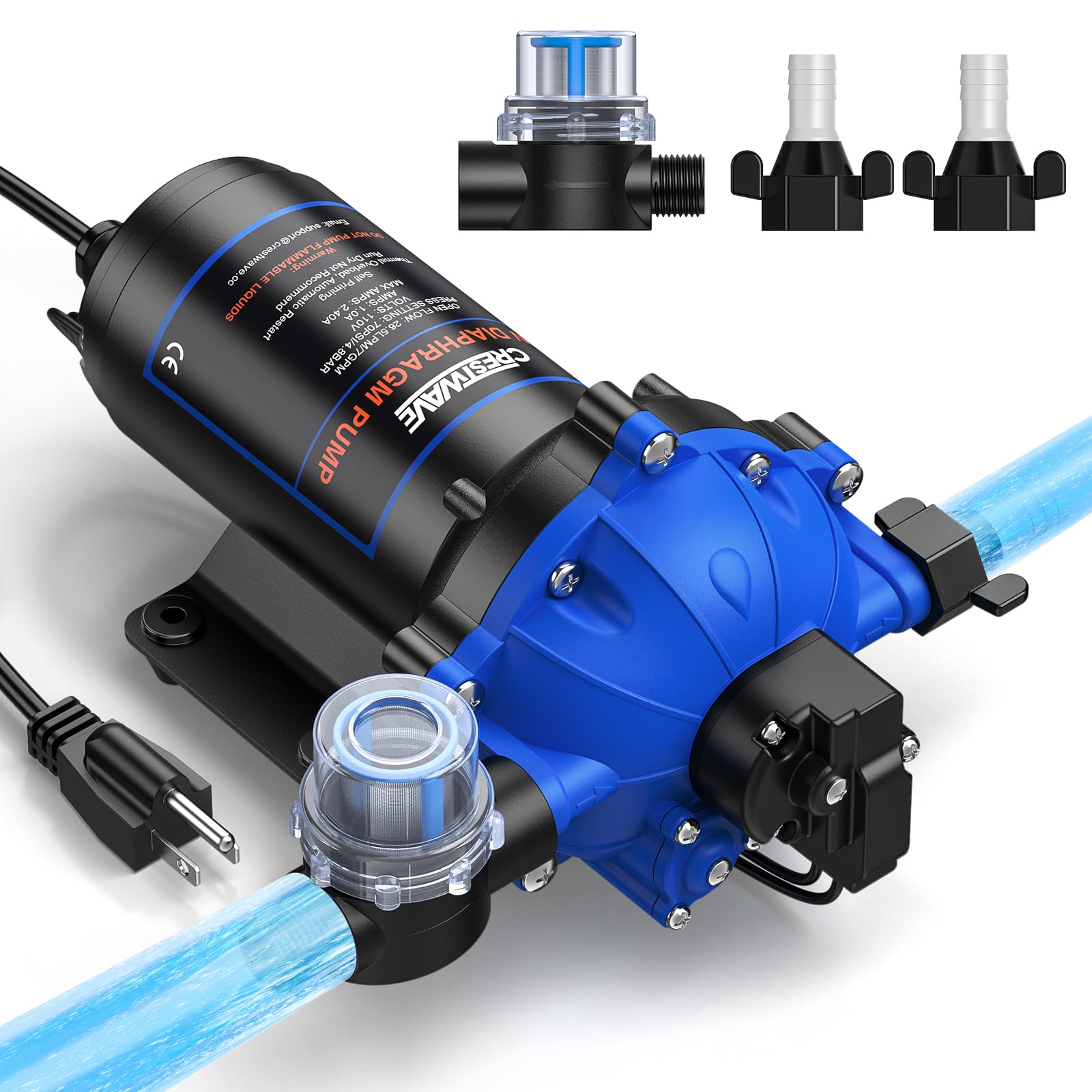 CrestWave 5-chamber design demonstrates stable flow for RV and home water systems.