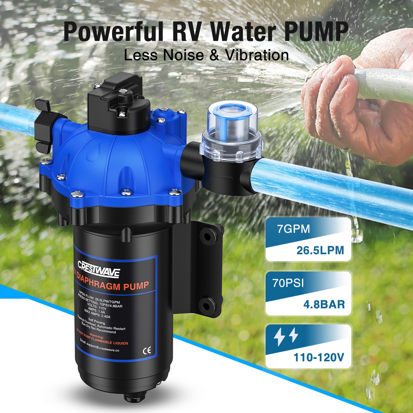 CrestWave built-in pressure switch enables automatic operation with water demand.