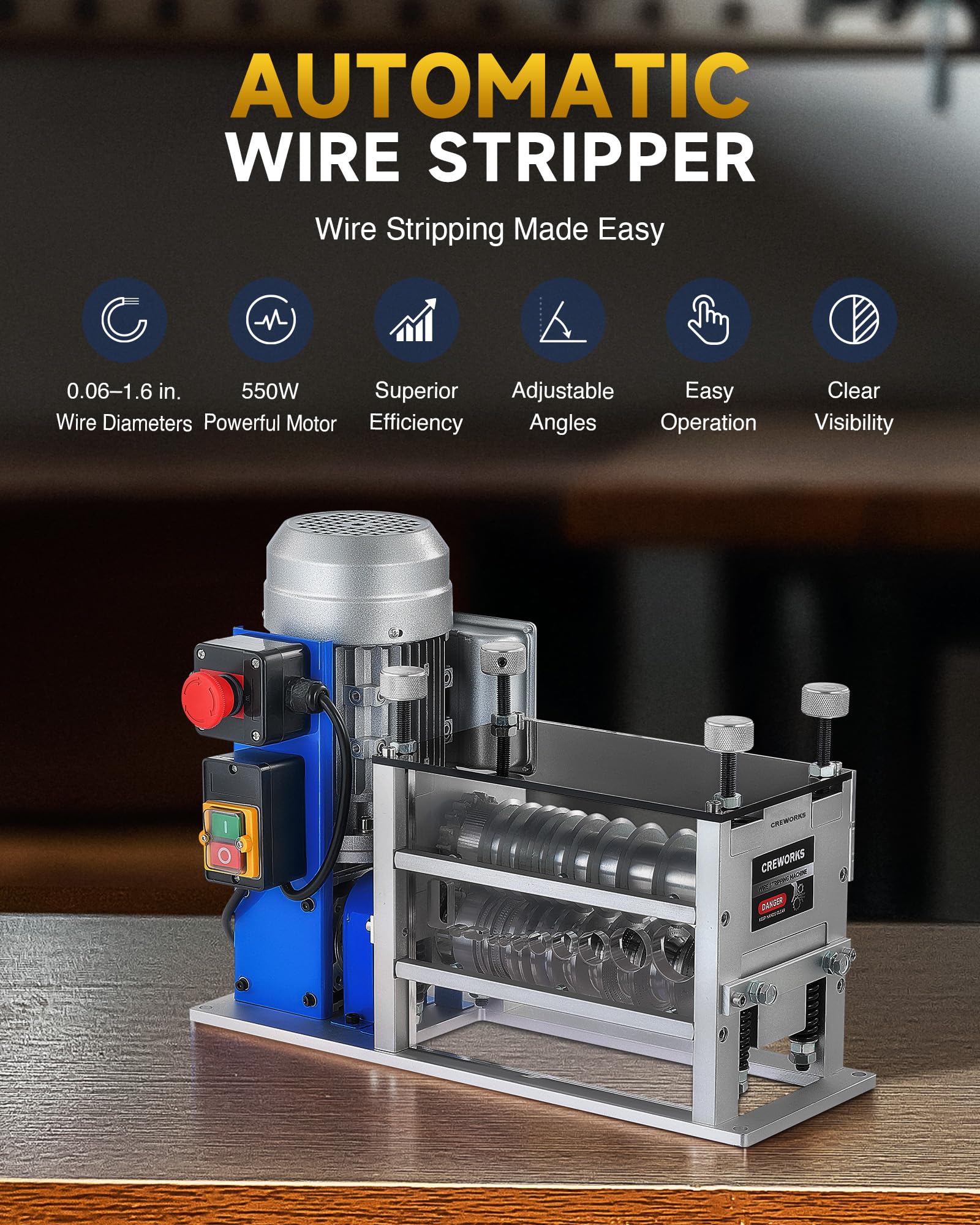 CREWORKS 550W motor delivers fast insulation removal on multiple gauge wires.