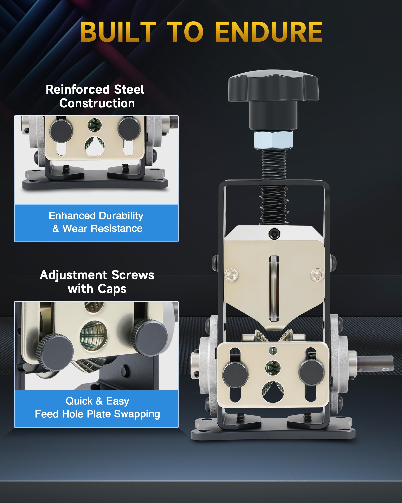 Creworks feed hole plates closeup for two wire size options