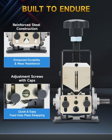 Creworks feed hole plates closeup for two wire size options