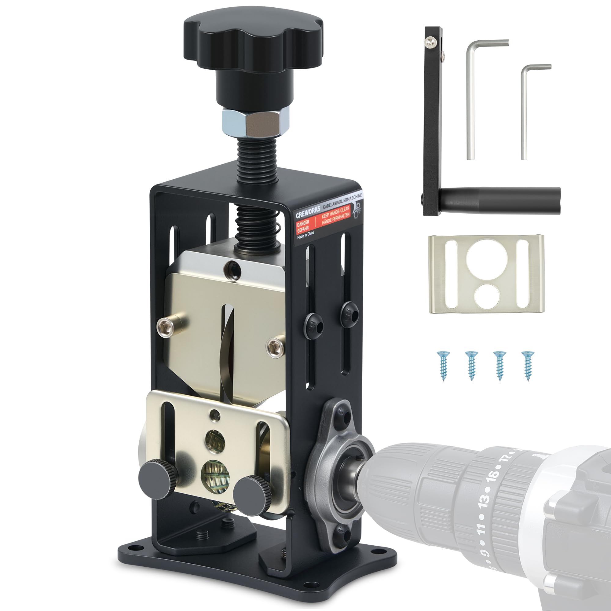 Creworks manual wire stripper front view showing portable on-site use