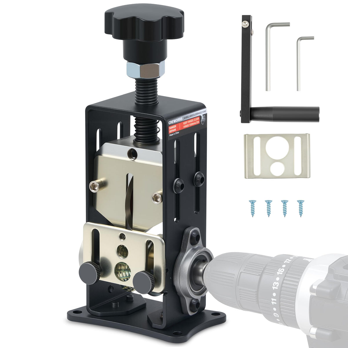 Creworks manual wire stripper front view showing portable on-site use