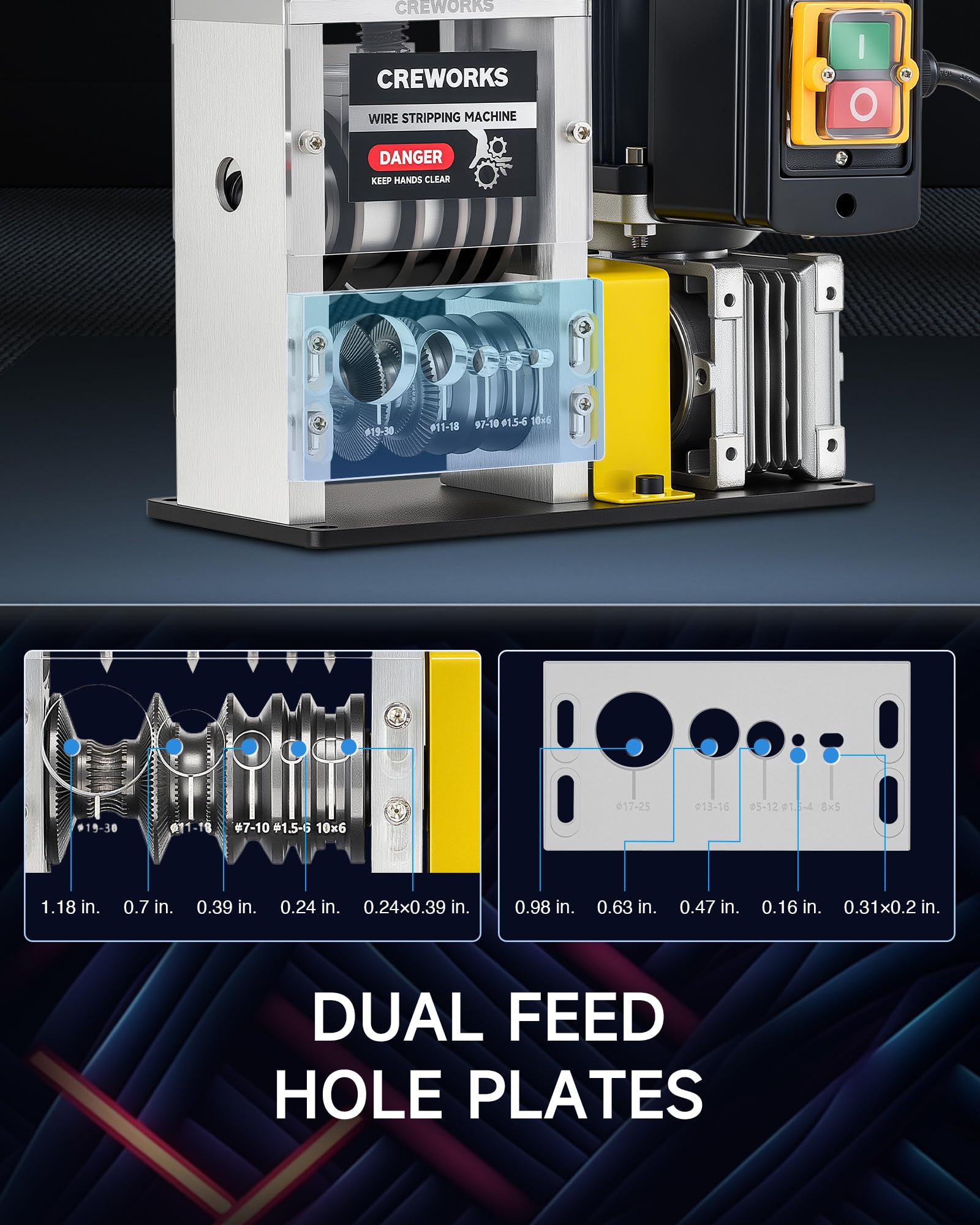 CREWORKS swappable feed plates enable quick adjustments for different gauges.
