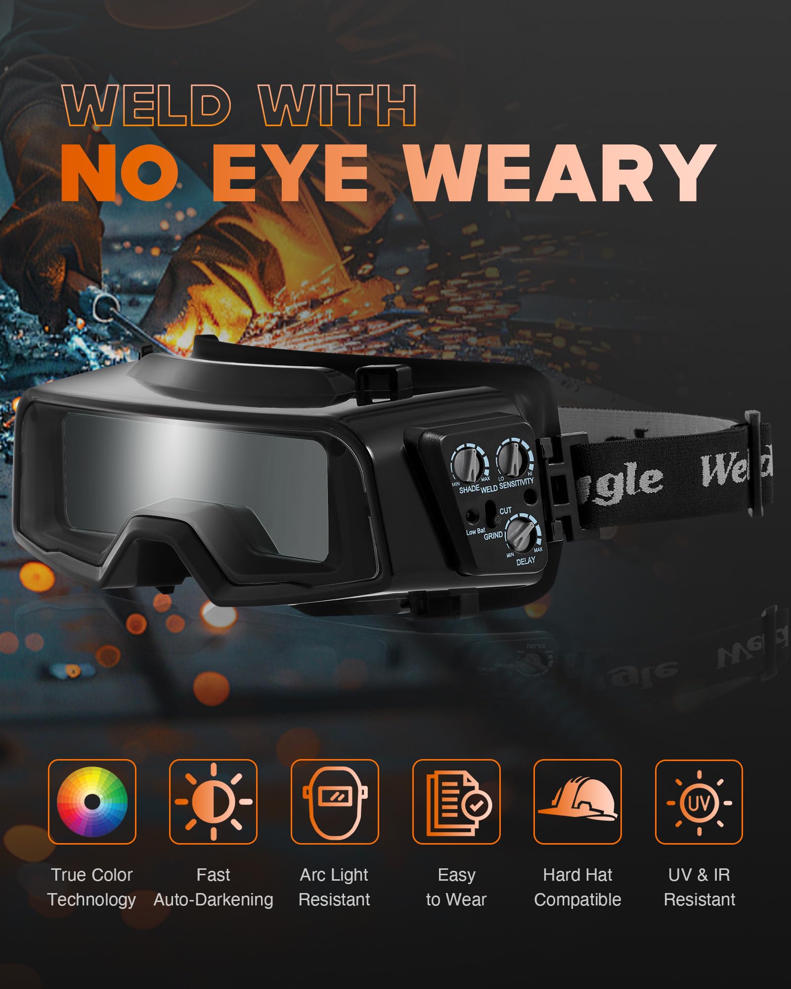 CREWORKS auto-darkening goggles with rapid sensors protect eyes during arc welding