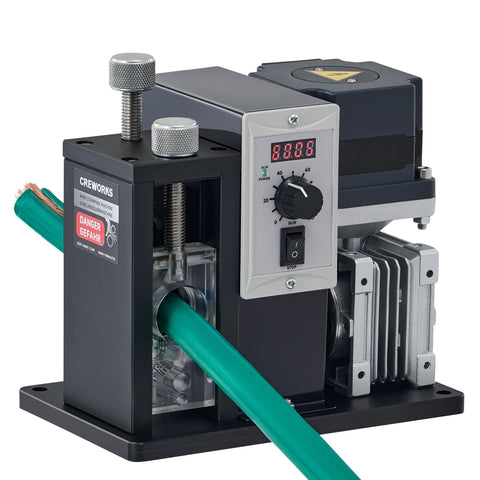 CREWORKS wire stripper on desk showing automatic setup for quick insulation removal.