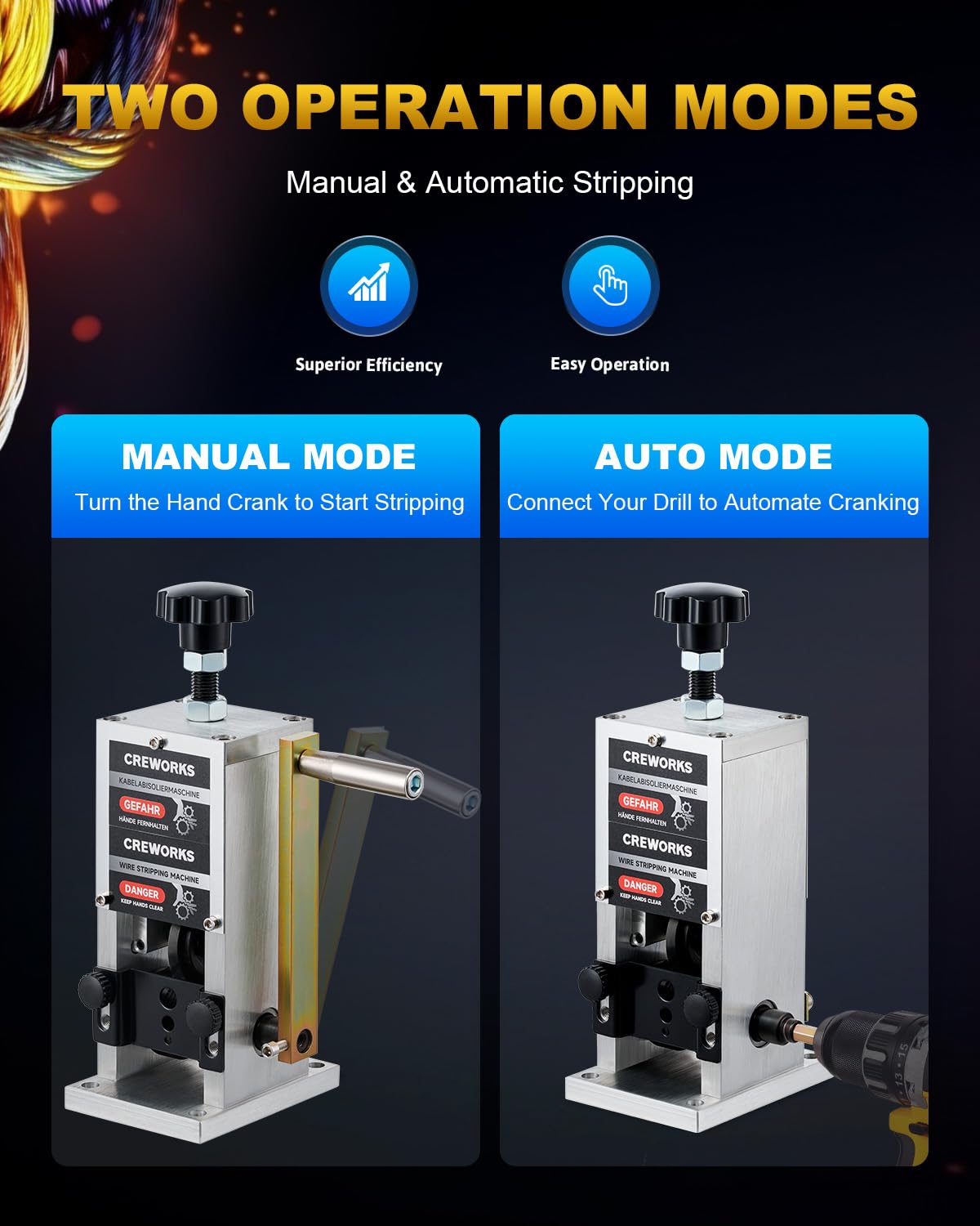 CREWORKS wire stripper holes setup demonstrates sizing from 0.06-1 inch