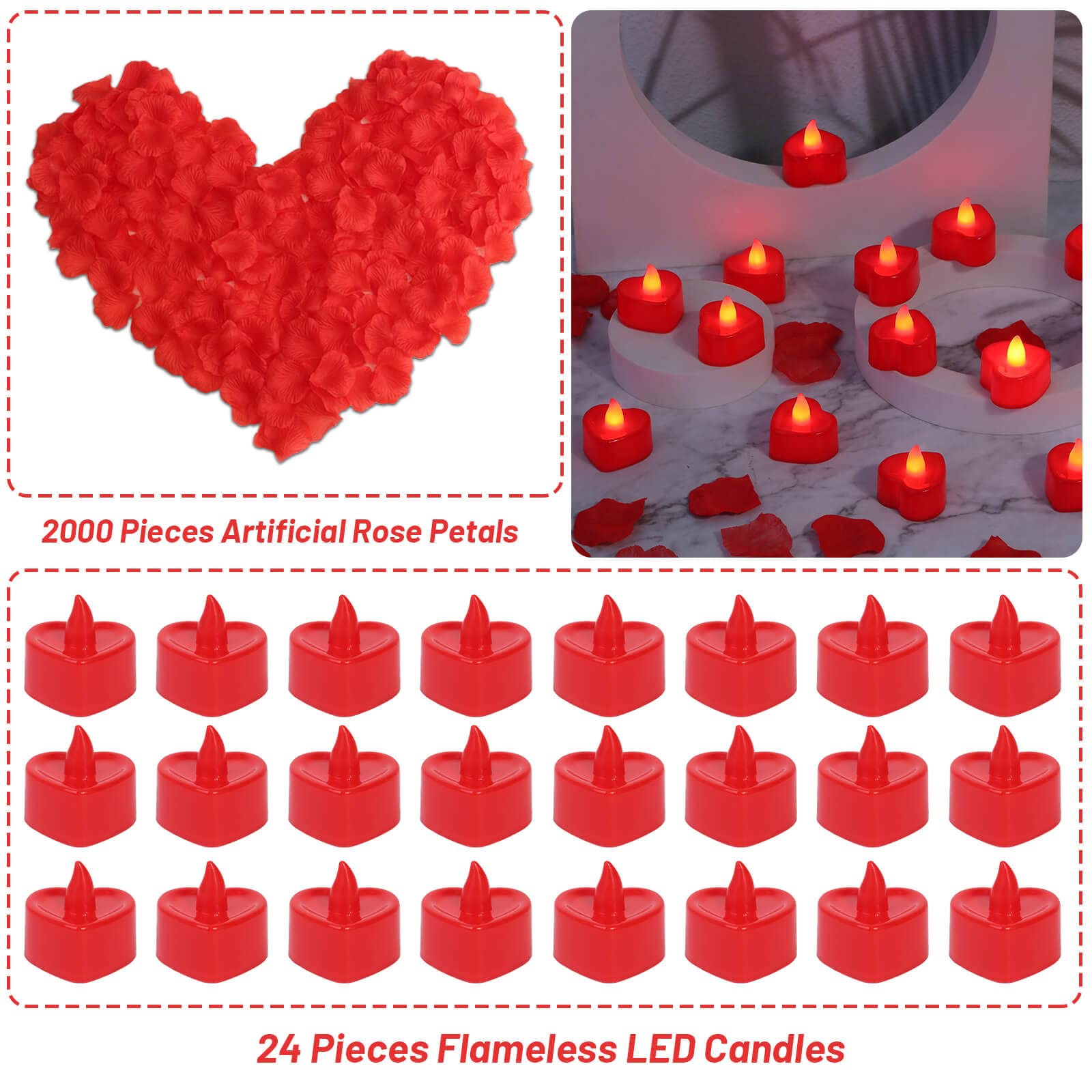 Cridoz heart-shaped LED candles 24pcs glowing to create warm ambiance.
