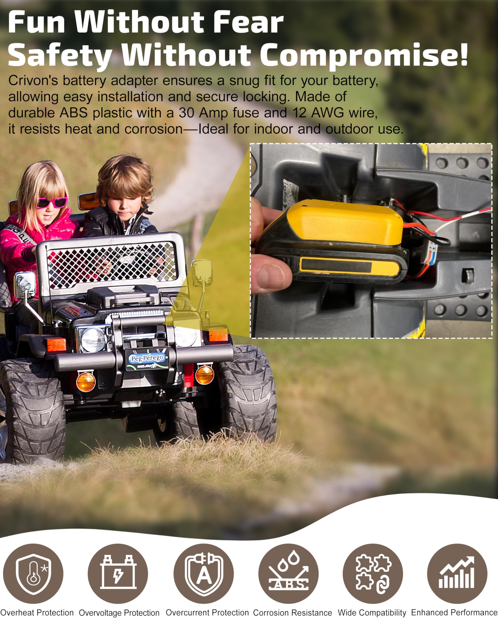 Crivon battery-adapter-locking-mechanism ensures snug fit during toy upgrades.