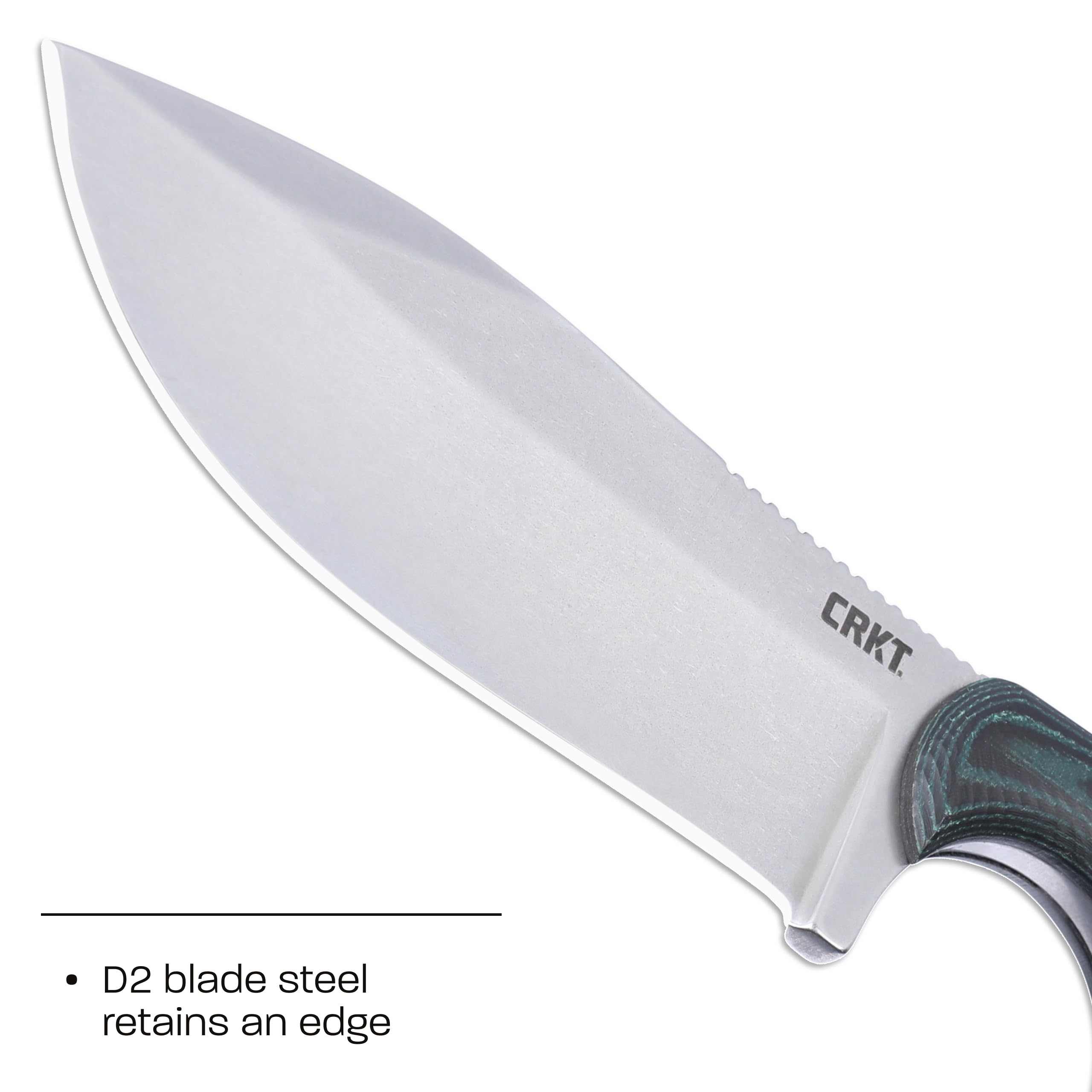 CRKT Minimalist Nessmuk blade close-up highlights D2 steel edge retention
