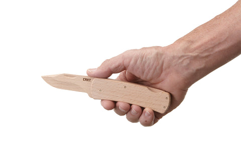 CRKT Nathan's Knife Kit beech wood handle on display, highlighting natural material and crafting appeal.