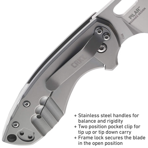 CRKT Pilar stainless steel handle offers durable, comfortable grip.
