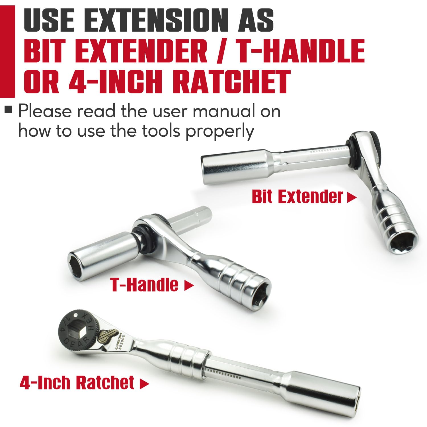 CROM mini ratchet demonstrates three-in-one versatility with bits and handle