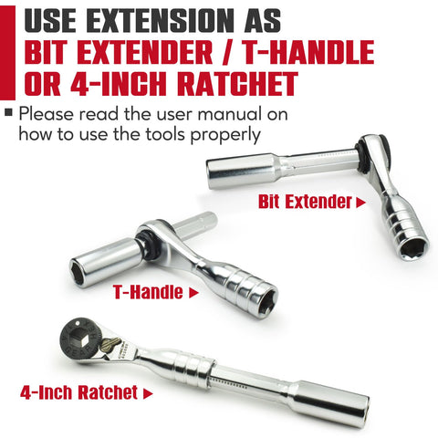 CROM mini ratchet demonstrates three-in-one versatility with bits and handle