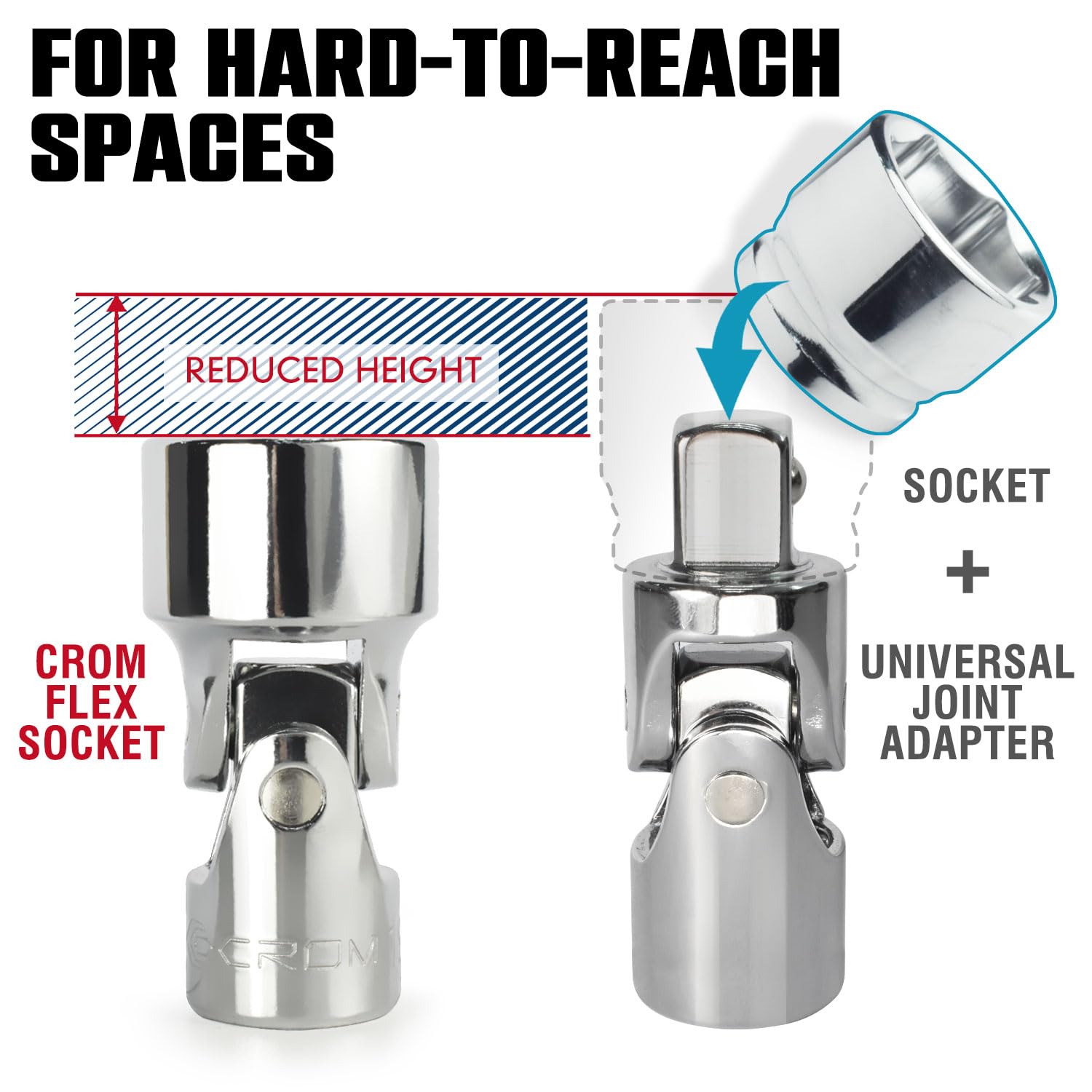 CROM Universal Flex Socket Set 15mm torque in tight spots with durable aluminum rail