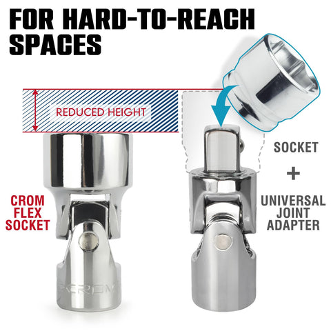 CROM Universal Flex Socket Set 15mm torque in tight spots with durable aluminum rail